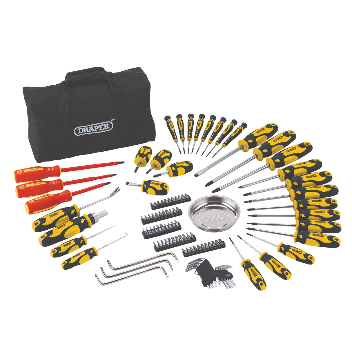 Draper Screwdriver And Bit Set With Soft Storage Bag, Yellow (100 Piece)