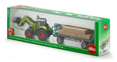 SIKU Claas Tractor with Square Bale Grab and Bale Trailer Toy - 1:50 Scale | SIKUFARMER Series