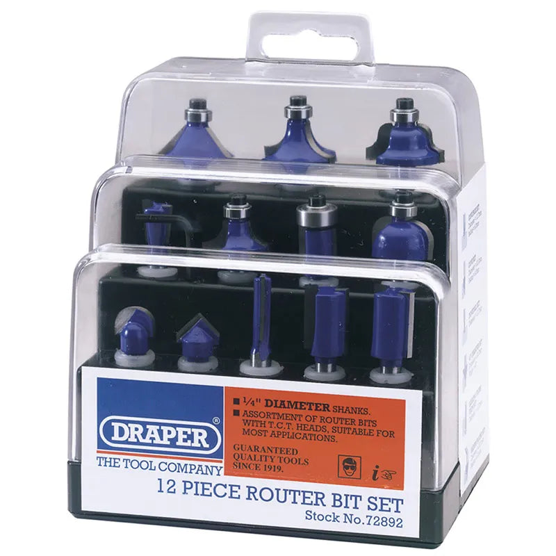 Draper 1//4" TCT Router Bit Set (12 Piece)