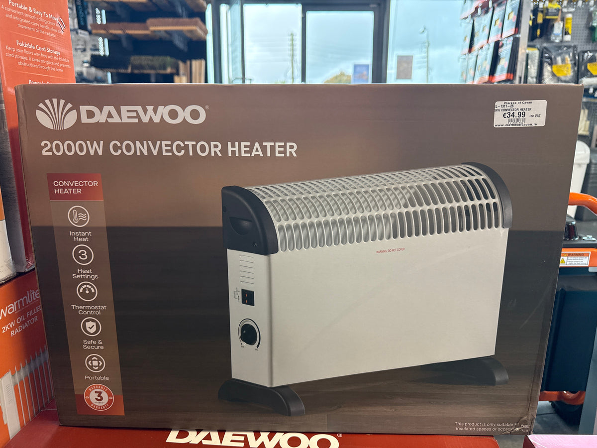Daewoo 2 kW Convector Heater WL41001 - Free‑Standing White Convection Heater with Thermostat