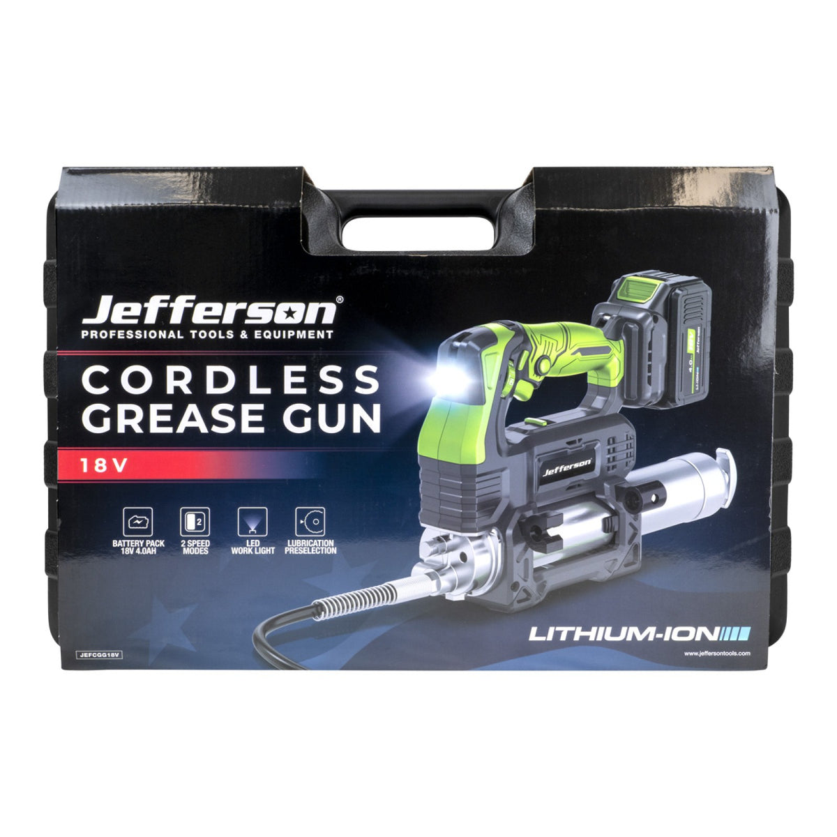 Jefferson 18V cordless grease gun with hose and shoulder strap