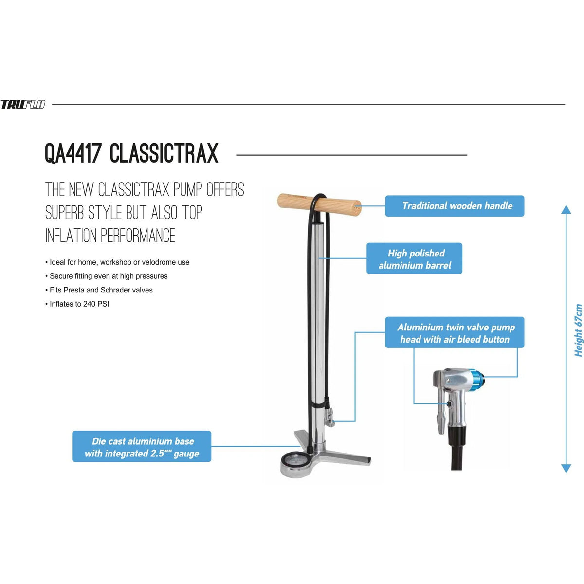 Classictrax Floor Pump QA4417 - High Pressure Bicycle Pump with Gauge & Twin Valve