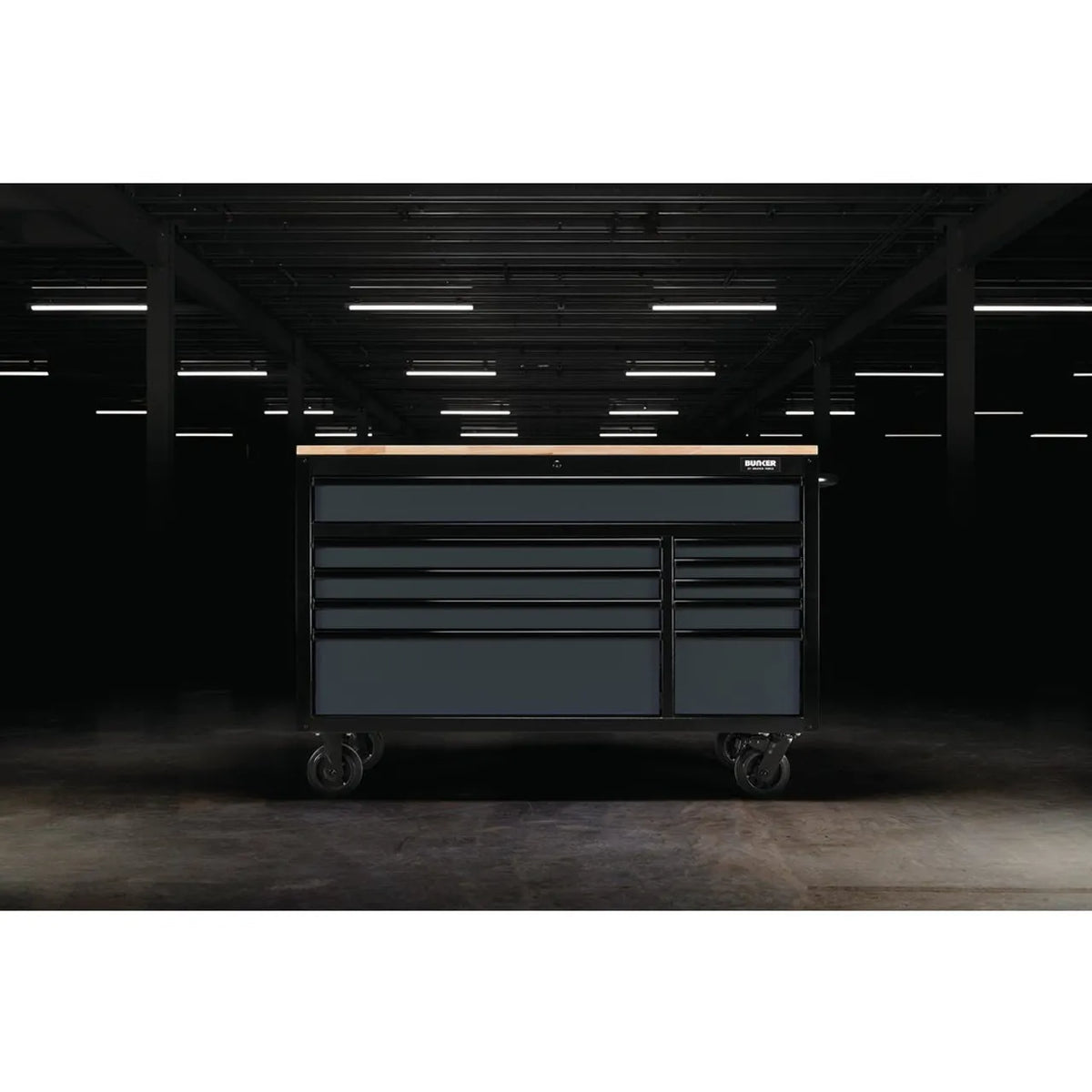 BUNKER 56" Workbench Roller Tool Cabinet with 10 Drawers, Hardwood Worktop - Grey (08227)