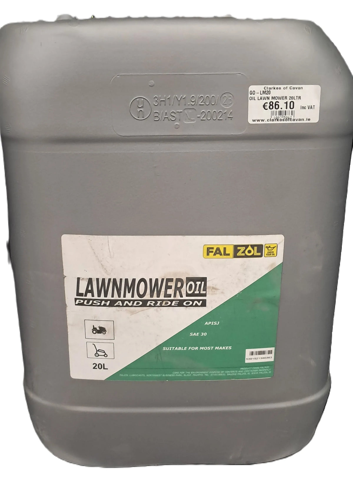 Falzol Lawnmower Oil SAE 30 - 20L Engine Oil for Push & Ride-On Mowers