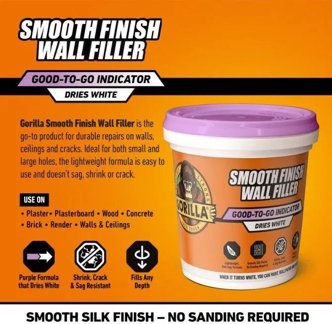 Gorilla Smooth Finish Wall Filler 473 ml - Colour‑Change Purple→White, Anti‑Sag & Crack‑Resistant (Code 118798)