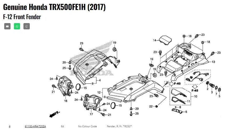 Honda Front Right Fender | 61100-HR4-T20ZA - Genuine Replacement for Honda ATV Models