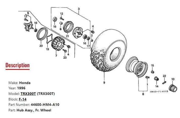 Honda OEM Front Wheel Hub | 44600-HM4-A10 – Fits TRX300T (1996) | Durable OEM Replacement