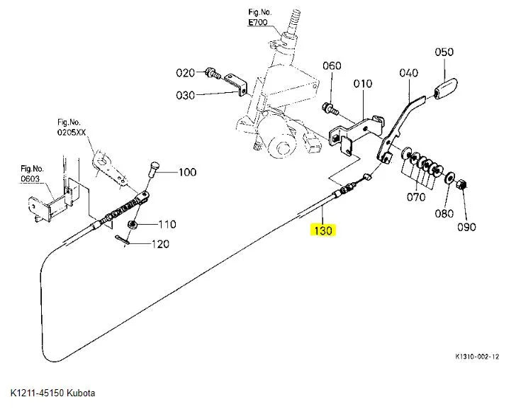 K1211-45150 Kubota Engine Wire - OEM Throttle Cable for Accelerator Lever