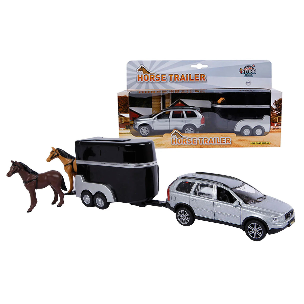 Kids Globe Volvo XC90 Jeep with Horse Trailer & 2 Horses | Pull-Back Mechanism