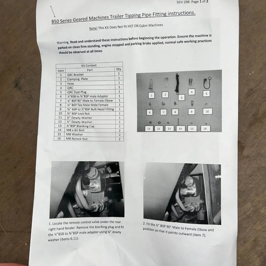 Trailer Tip Pipe Kit Kubota B2/B50