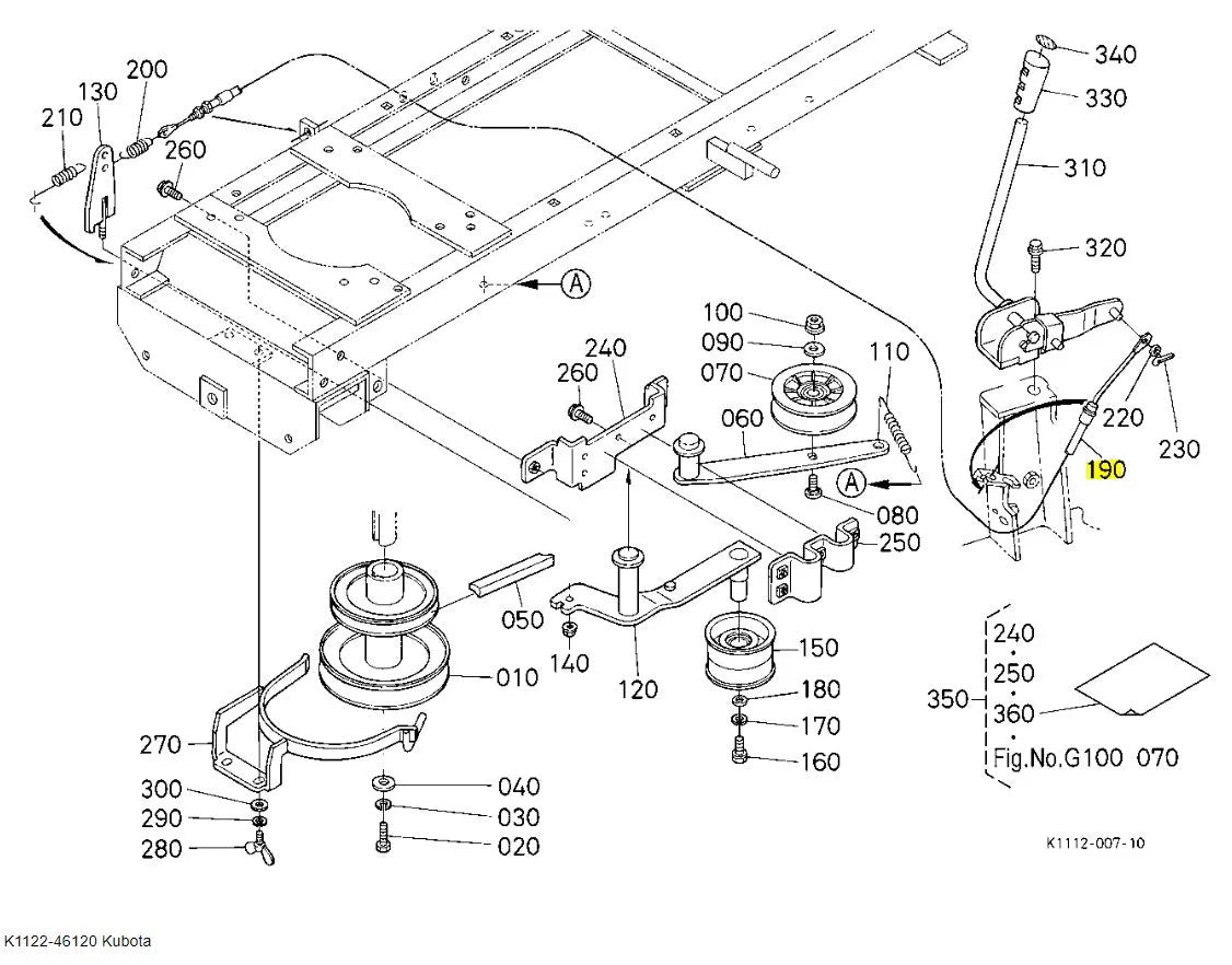Kubota PTO Cable K1122-46120 for T1870 Lawn Tractor
