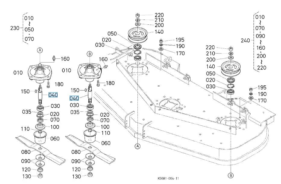 Kubota K5647-34540 Spindle Shaft - OEM Replacement for Side Blade Assemblies