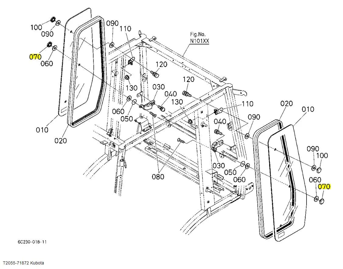 Kubota Side Glass Bracket T2055-71872 | OEM Side Window & Sunroof Support