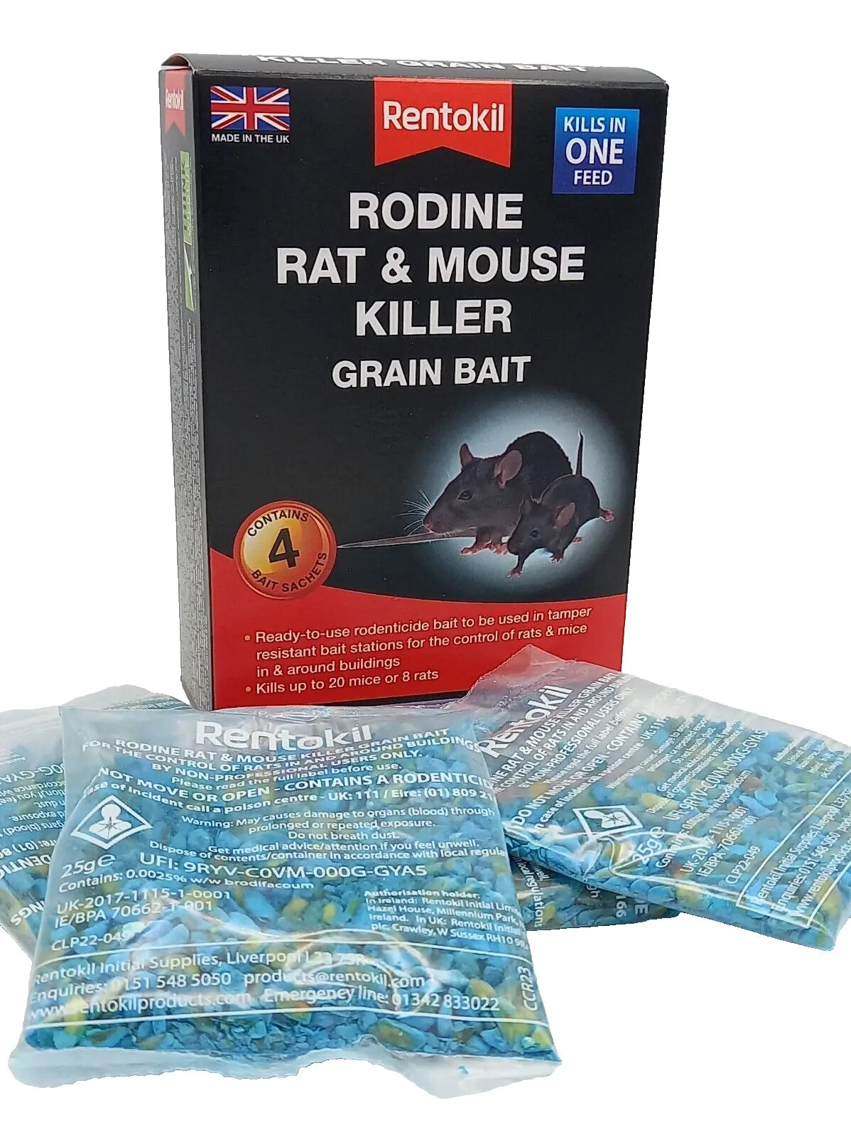 Rentokil Rodine Rat & Mouse Killer Grain Bait 4 Sachets - Fast and Effective Rodent Control