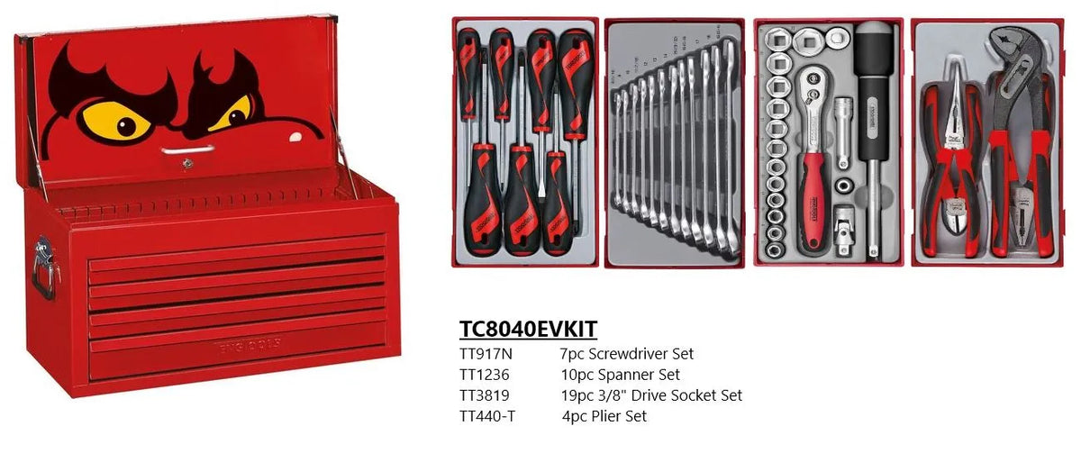 TENG TOOLS Classic Top Box Starter Kit (4 Drawer, 26″, 40 Piece) TT804EVKIT - Compact Tool Set with Sockets, Spanners, Screwdrivers & Pliers
