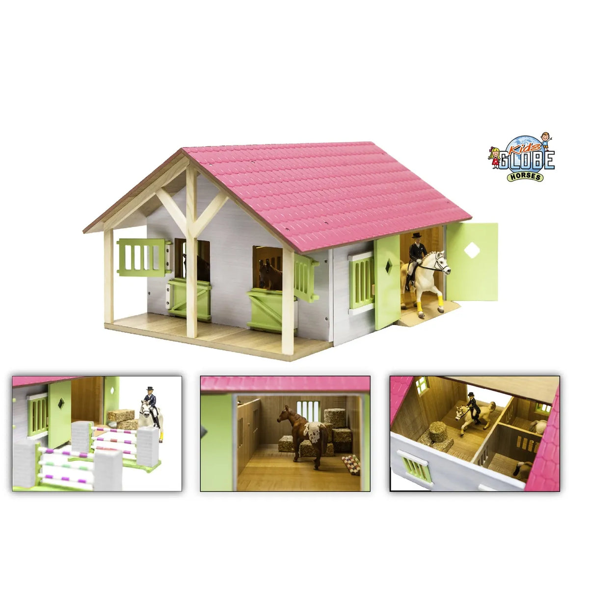 Kids Globe Horse Stable with 2 Boxes Workshop Roof and Doors Pink