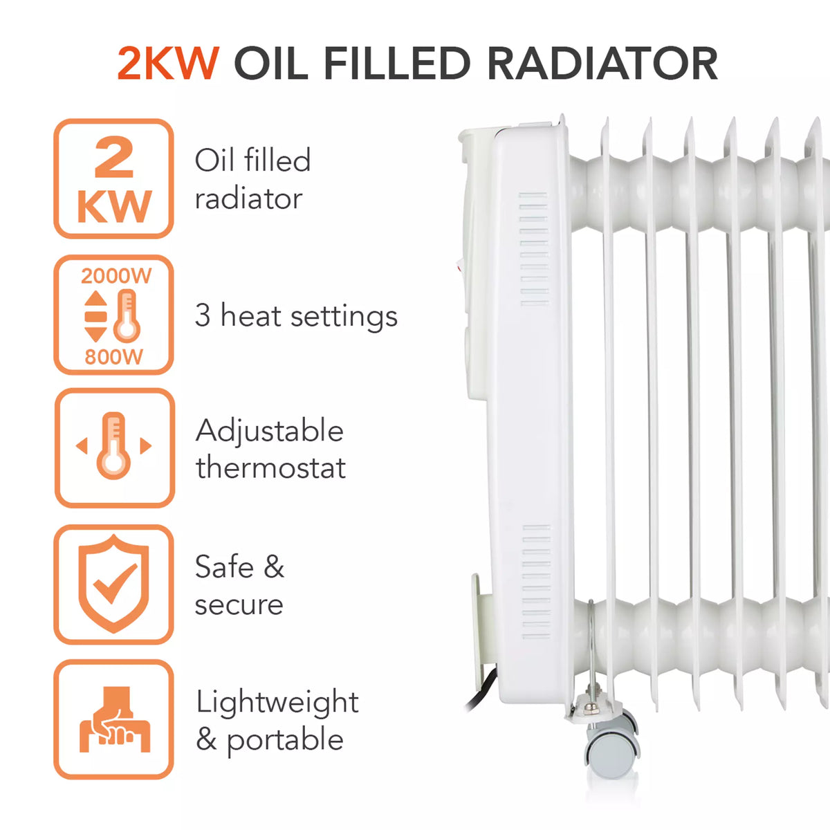 Warmlite 2kW Oil Filled Radiator - White BAR9102 | 9-Fin Portable Heater with Thermostat