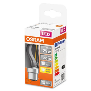 Osram B22 (BC) Golf Clear LED Filament -2.5W 250 Lumen 2,700K Non-Dimmable