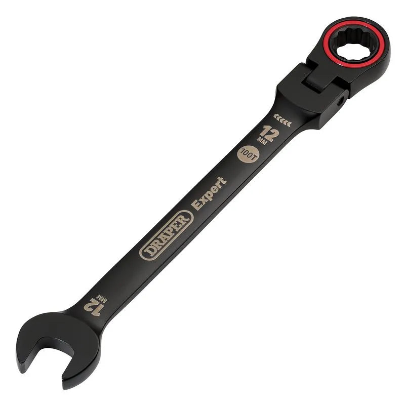 Draper Expert Hi-Torq Metric Flexible Head Ratchet Combination Spanner, 12mm, Black