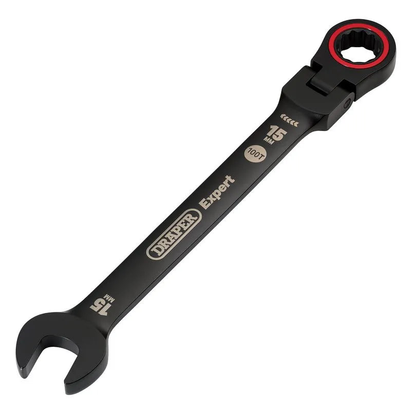 Draper Expert Hi-Torq Metric Flexible Head Ratchet Combination Spanner, 15mm, Black