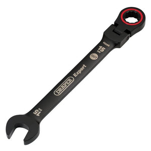 Draper Expert Hi-Torq Metric Flexible Head Ratchet Combination Spanner, 15mm, Black