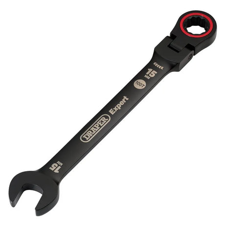 Draper Expert Hi-Torq Metric Flexible Head Ratchet Combination Spanner, 15mm, Black