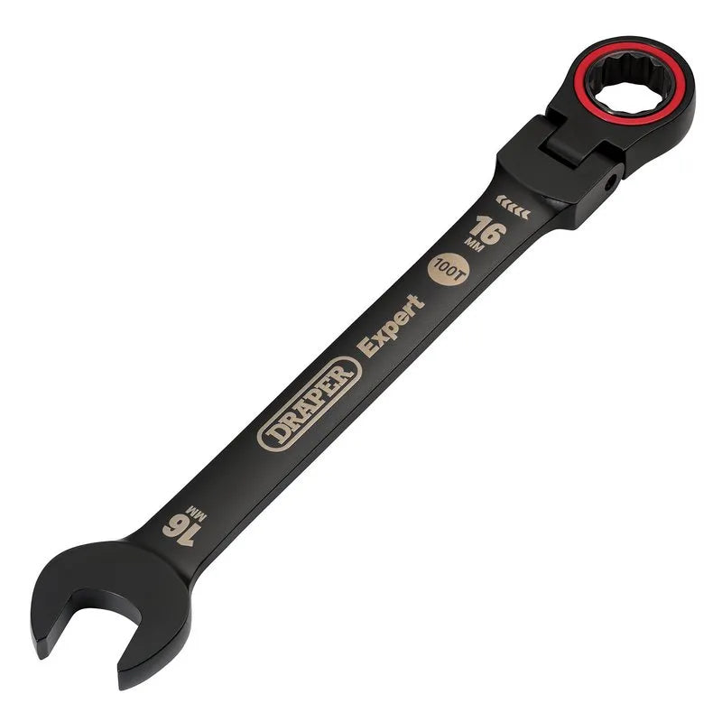 Draper Expert Hi-Torq Metric Flexible Head Ratchet Combination Spanner, 16 Mm, Black