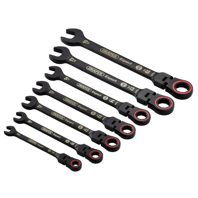 Draper Expert Hi-Torq Metric Flexible Head Ratchet Combination Spanner Set, Black (7 Piece)