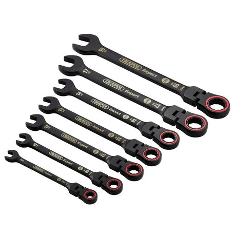 Draper Expert Hi-Torq Metric Flexible Head Ratchet Combination Spanner Set, Black (7 Piece)
