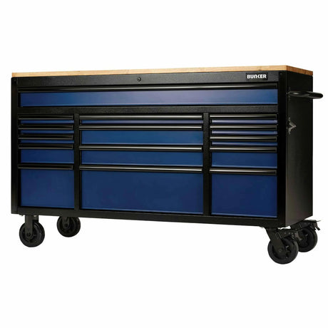 BUNKER 15 Drawer Workbench Roller Tool Cabinet 61" Blue