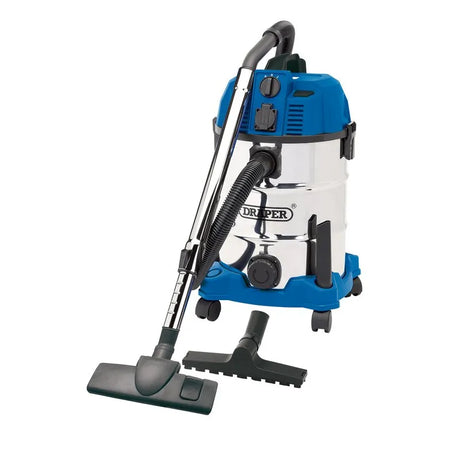 Draper 230v wet and dry vacuum cleaner with stainless steel tank and integrated power out-take socket, 30l, 1300w