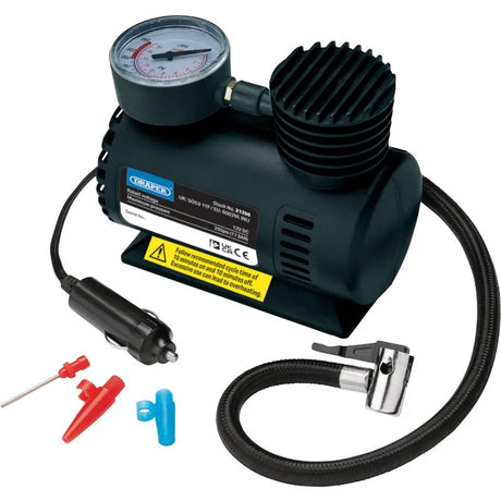 Draper 12V Mini Air Compressor with Dual Analogue Gauge and Accessory Kit