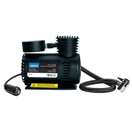 Draper 12V Mini Air Compressor with Dual Analogue Gauge and Accessory Kit