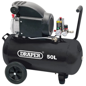 Draper 50L Direct Drive Air Compressor, 1.5kW/2HP - Thermal Protection, Pressure Regulator, Wheels (24981)