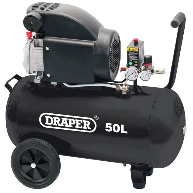 Draper 50L Direct Drive Air Compressor, 1.5kW/2HP - Thermal Protection, Pressure Regulator, Wheels (24981)