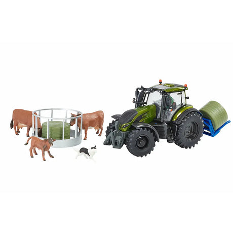 Britains Metallic Olive Green Valtra Playset with Cow Feeder & Bale Lifter - 1:32 Scale Farm Model 43323