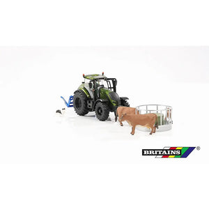 Britains Metallic Olive Green Valtra Playset with Cow Feeder & Bale Lifter - 1:32 Scale Farm Model 43323