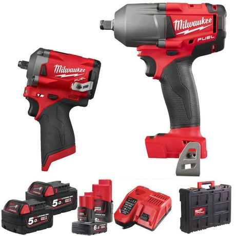 Milwaukee Fuel Twin Kit 1/2" Wrench & 3/8" Stubby Wrench (2x5Ah 1x2Ah,1x6Ah)