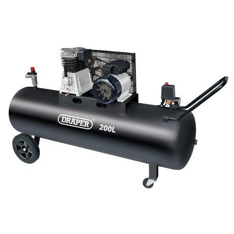 Draper 200L Belt-Driven Air Compressor, 2.2kW/3HP - Workshop Use with Thermal Protection and Quick Euro Coupling (55315)