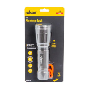Rolson 5W Aluminium Torch - 450 Lumen, Adjustable Focus, 3 Modes, 2D Battery