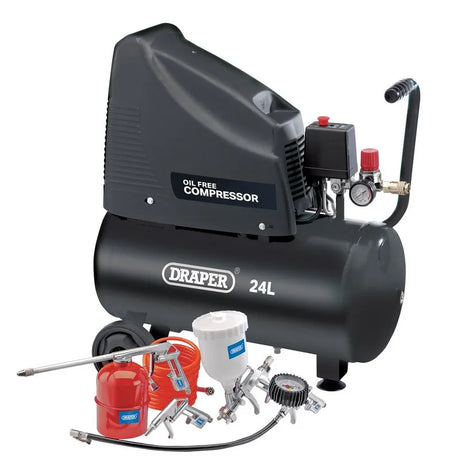 Draper 230V Oil-Free Compressor and Air Tool Kit, 24L Tank - Multi-Application for Spraying, Inflating, and Cleaning (90126)