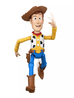 A Woody the Cowboy action figure from Toy Story, shown in a running pose against a solid white background.