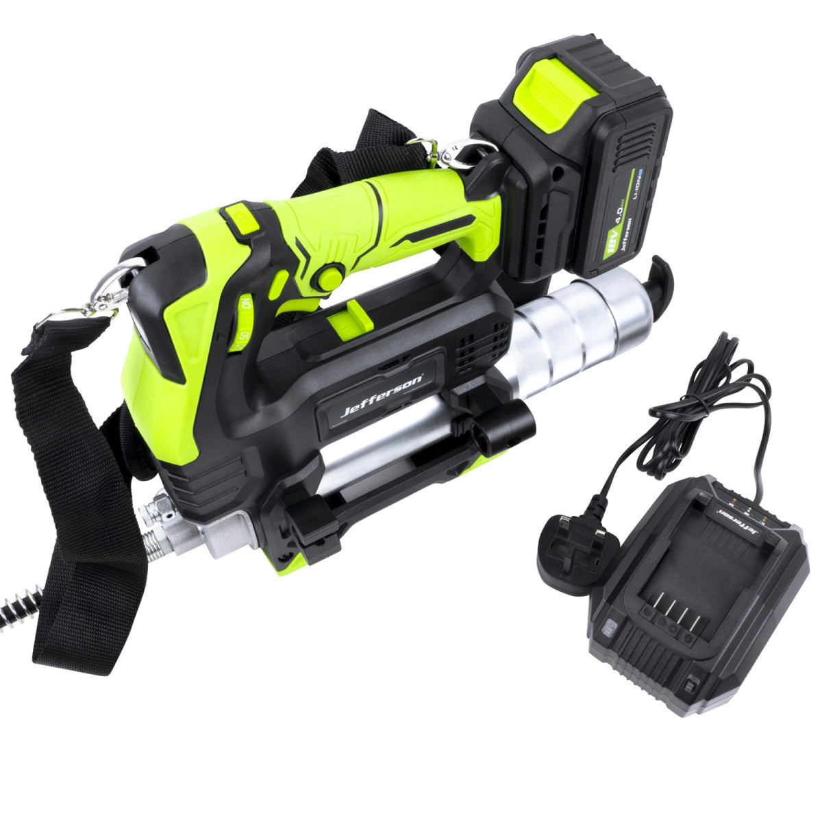 Jefferson 18V cordless grease gun kit contents