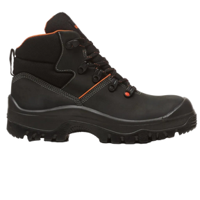 Black hiking boot with orange accents on a white background