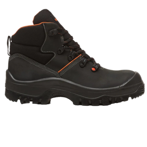 Black hiking boot with orange accents on a white background