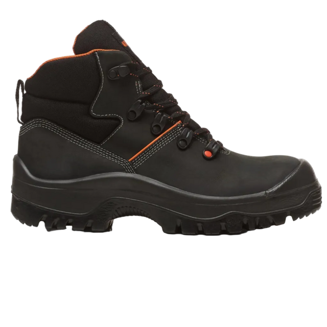 Black hiking boot with orange accents on a white background