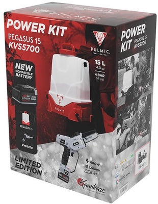 Pulmic Power Kit: Pulmic 15L Electric Sprayer + Kamikaze KVS5700 Pruning Chainsaw + Battery and Triple Charger