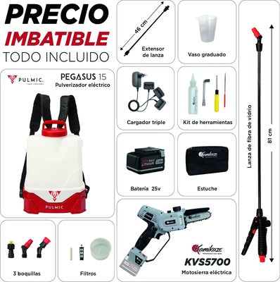 Pulmic Power Kit: Pulmic 15L Electric Sprayer + Kamikaze KVS5700 Pruning Chainsaw + Battery and Triple Charger