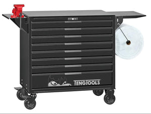 A black rolling tool chest with multiple drawers, a top work surface, a red bench clamp on the left, and a clear plastic reel on the right, shown on a white background. The brand name 'TENGTOOLS' is visible on the lower drawer front.