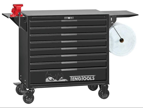 A black rolling tool chest with multiple drawers, a top work surface, a red bench clamp on the left, and a clear plastic reel on the right, shown on a white background. The brand name 'TENGTOOLS' is visible on the lower drawer front.